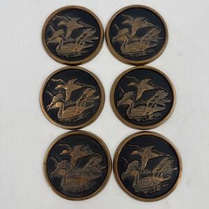 Set of 6 Vintage Duck Hunting Embossed Coasters Metal Bronze Black Barware